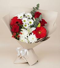 Букет цветов из:  Розы, Хризантемы, Герберы и Лилии #REPLACE_PRED# Северный