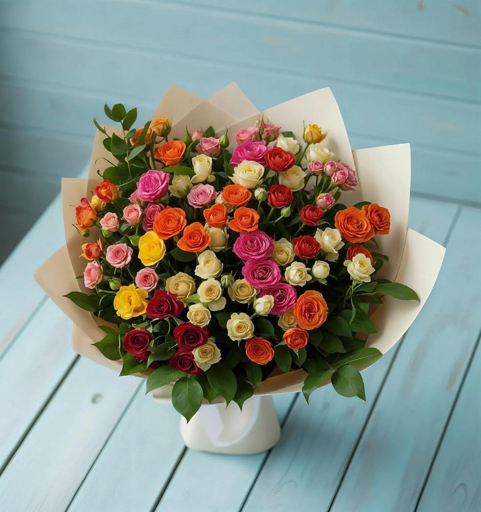 Букет Микс из разноцветных кустовых роз в Северный