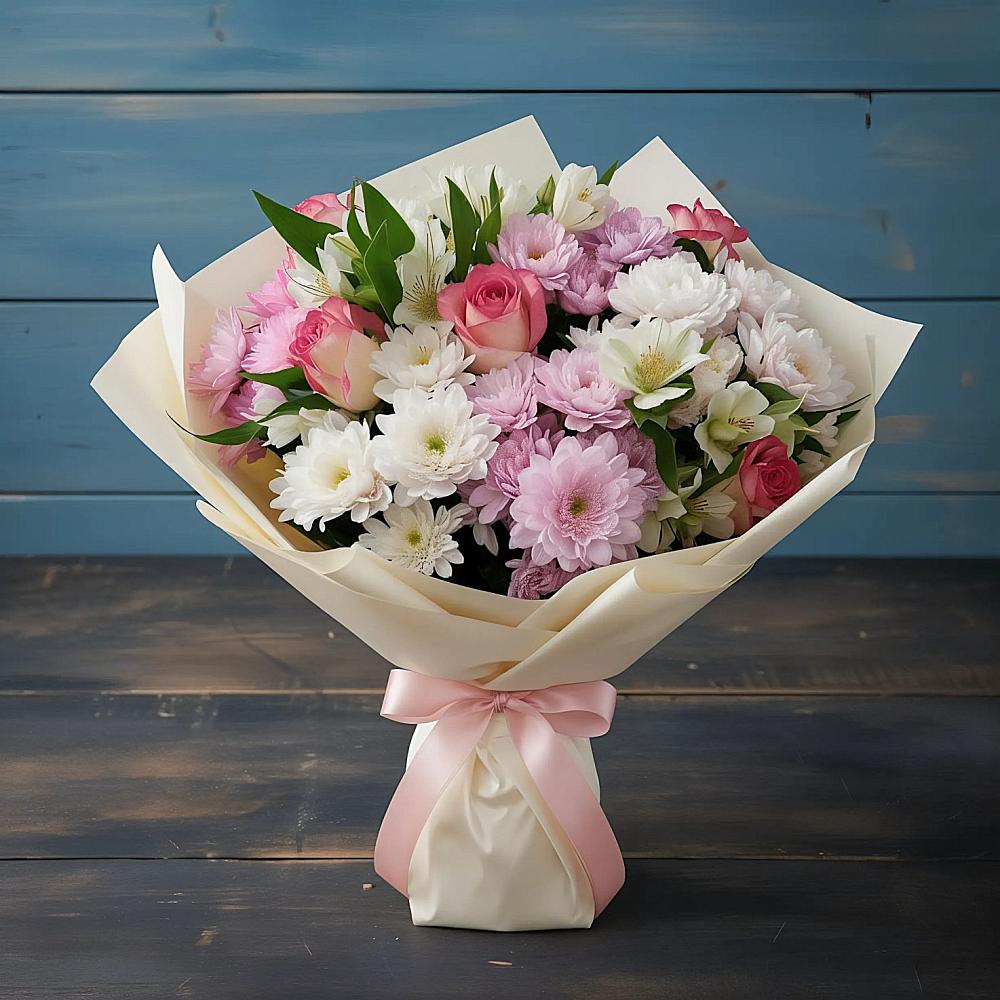 Букет цветов из: Хризантемы, Альстромерии и Розы в Северный